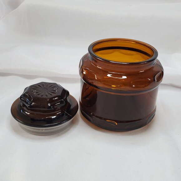 Vintage Amber Brown Glass Apothecary Canister Spice Jar Starburst Lid 4.25” - Picture 3 of 12